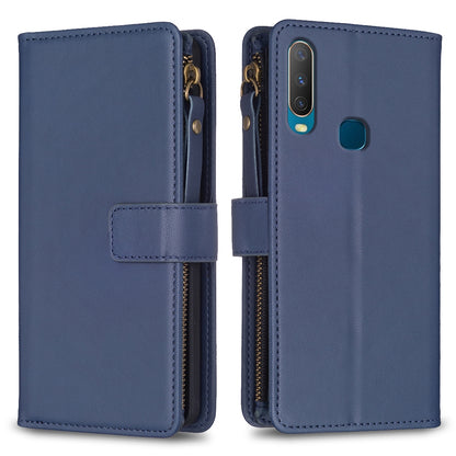 vivo Y12 Leather Flip Phone Case with 9 Card Slots, Zipper Wallet & Detachable Wristlet Strap