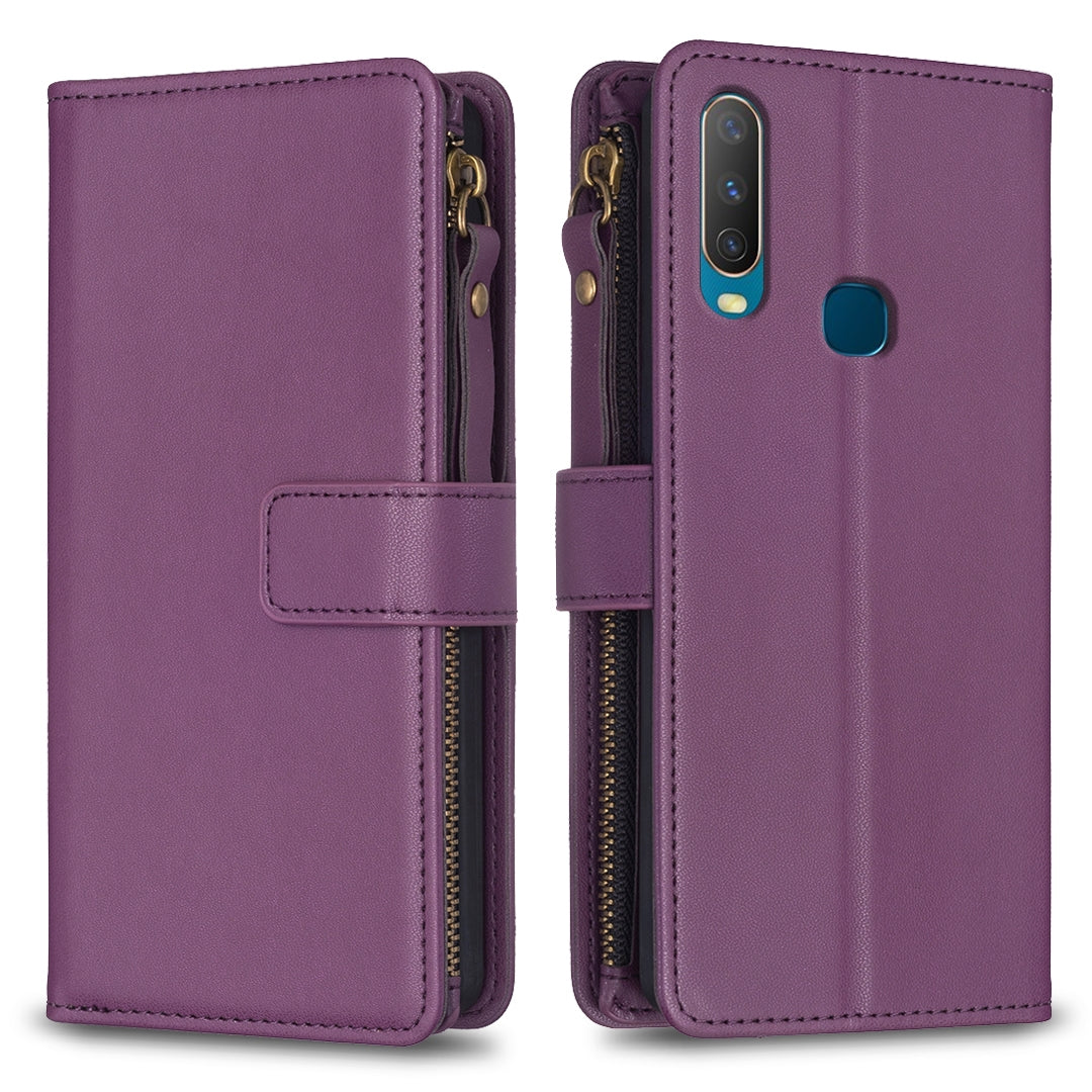 vivo Y11 Leather Flip Phone Case with 9 Card Slots, Zipper Wallet & Detachable Wristlet Strap