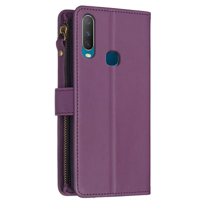 vivo Y17 Leather Flip Phone Case with 9 Card Slots, Zipper Wallet & Detachable Wristlet Strap