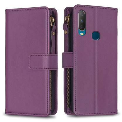 vivo Y15 Leather Flip Phone Case with 9 Card Slots, Zipper Wallet & Detachable Wristlet Strap