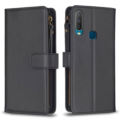 vivo Y11 Leather Flip Phone Case with 9 Card Slots, Zipper Wallet & Detachable Wristlet Strap