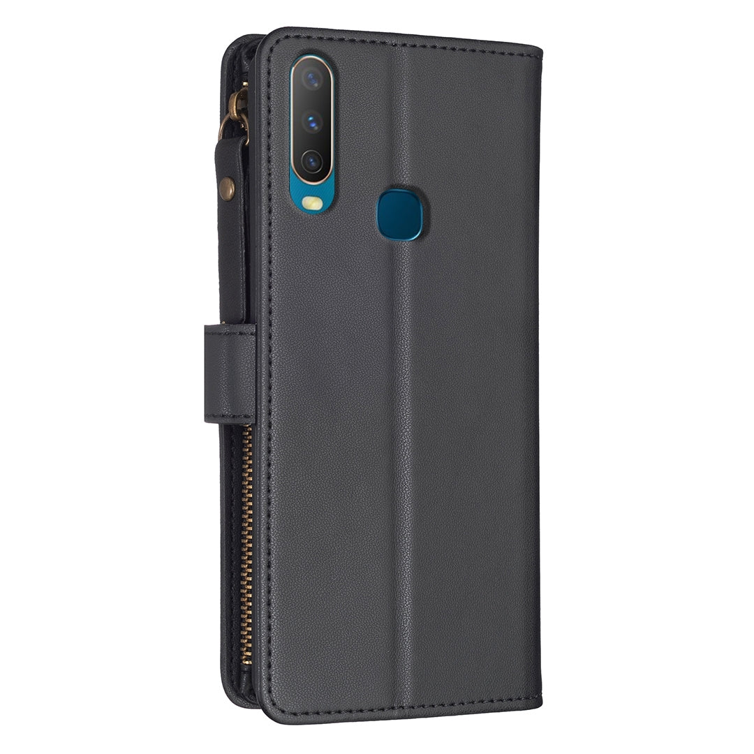vivo Y15 Leather Flip Phone Case with 9 Card Slots, Zipper Wallet & Detachable Wristlet Strap