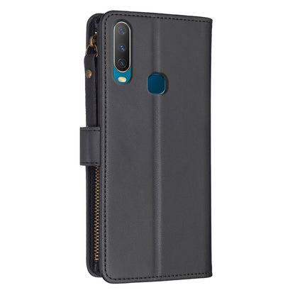 vivo Y12 Leather Flip Phone Case with 9 Card Slots, Zipper Wallet & Detachable Wristlet Strap
