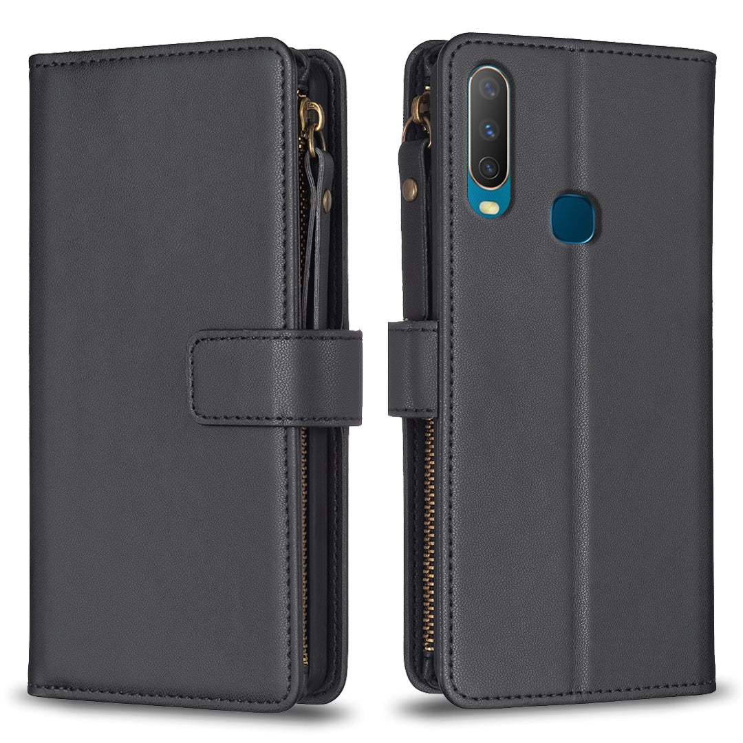 vivo Y17 Leather Flip Phone Case with 9 Card Slots, Zipper Wallet & Detachable Wristlet Strap