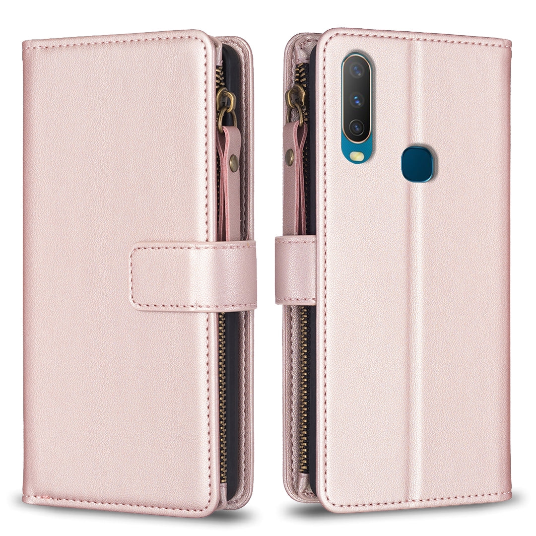 vivo Y11 Leather Flip Phone Case with 9 Card Slots, Zipper Wallet & Detachable Wristlet Strap