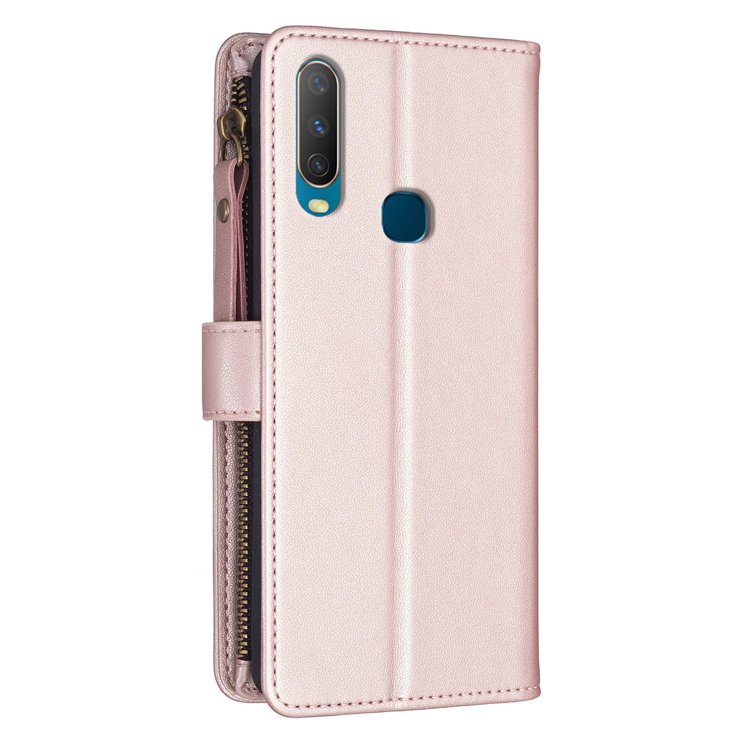 vivo Y15 Leather Flip Phone Case with 9 Card Slots, Zipper Wallet & Detachable Wristlet Strap
