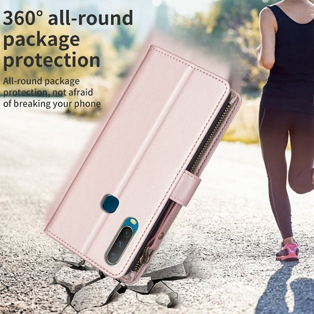 vivo Y11 Leather Flip Phone Case with 9 Card Slots, Zipper Wallet & Detachable Wristlet Strap