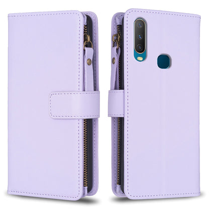 vivo Y17 Leather Flip Phone Case with 9 Card Slots, Zipper Wallet & Detachable Wristlet Strap