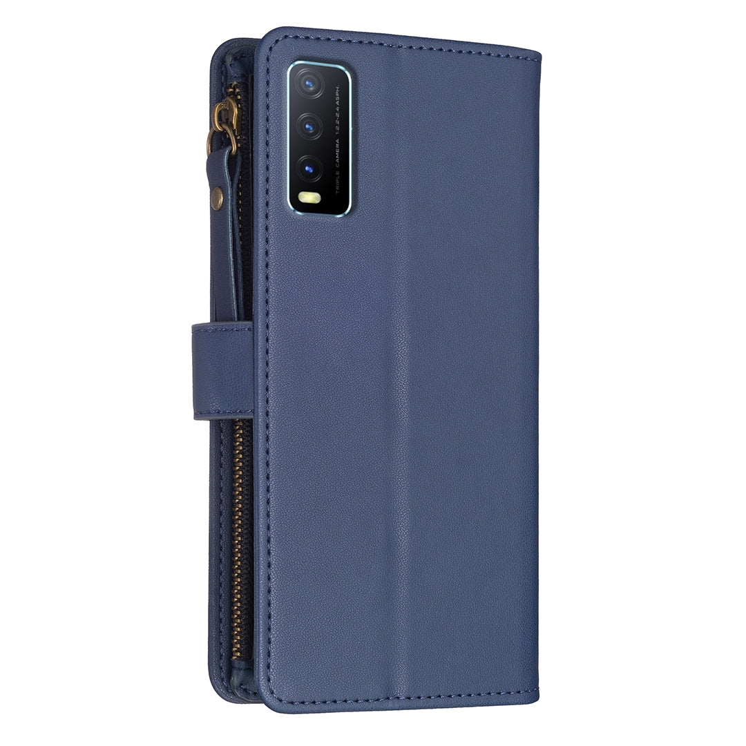 vivo Y20 Leather Flip Phone Case with 9 Card Slots, Zipper Wallet & Detachable Wristlet Strap
