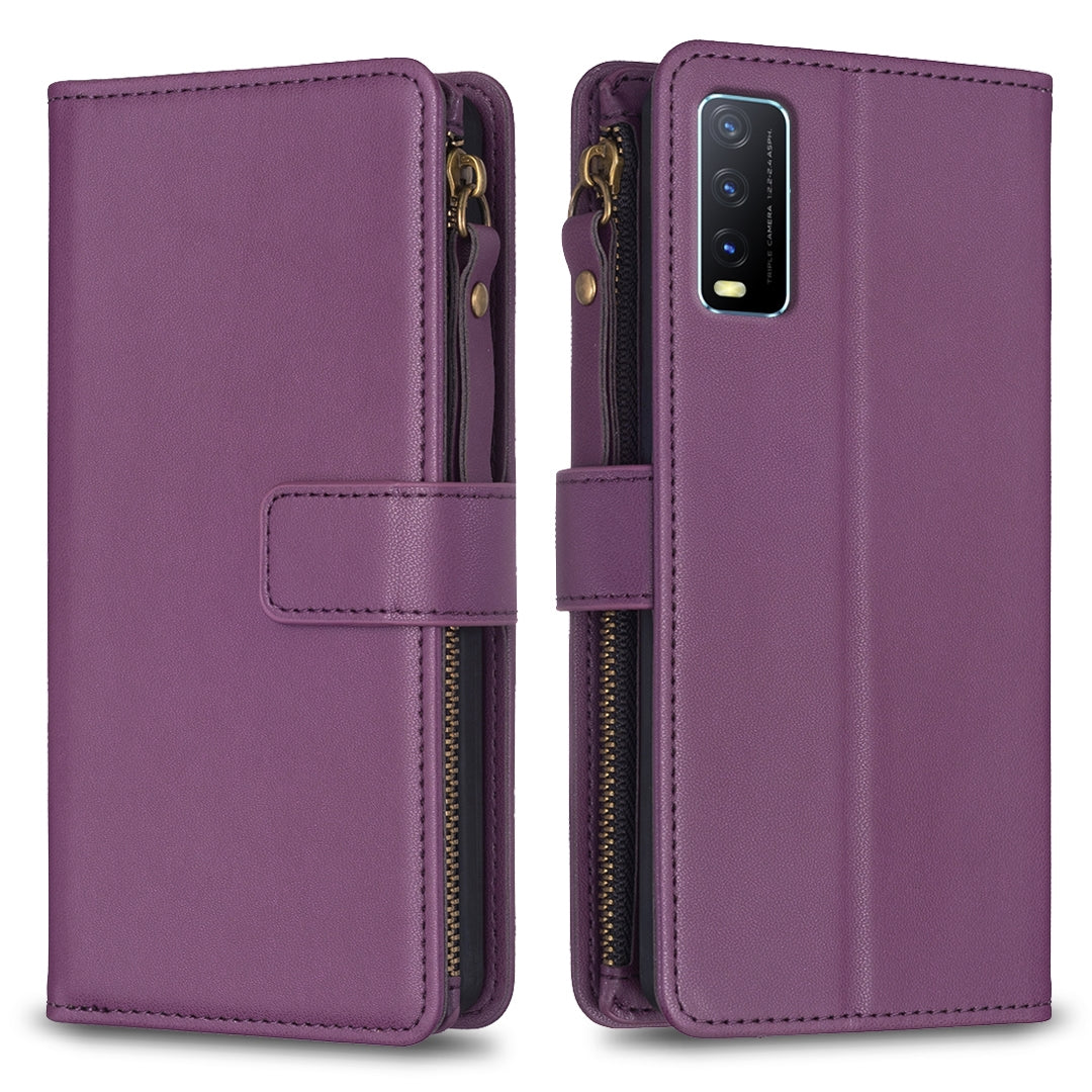 vivo Y20 Leather Flip Phone Case with 9 Card Slots, Zipper Wallet & Detachable Wristlet Strap