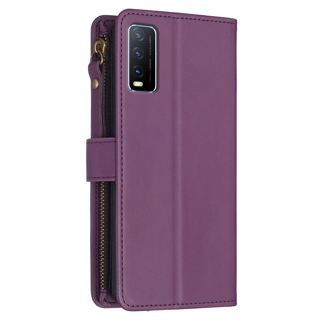 vivo Y20 Leather Flip Phone Case with 9 Card Slots, Zipper Wallet & Detachable Wristlet Strap
