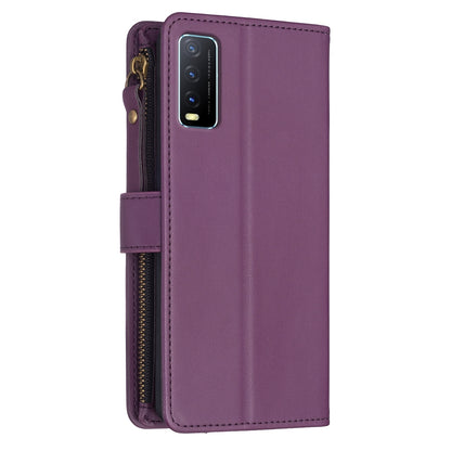 vivo Y20 Leather Flip Phone Case with 9 Card Slots, Zipper Wallet & Detachable Wristlet Strap