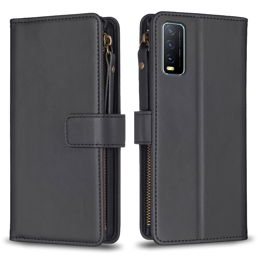 vivo Y20 Leather Flip Phone Case with 9 Card Slots, Zipper Wallet & Detachable Wristlet Strap