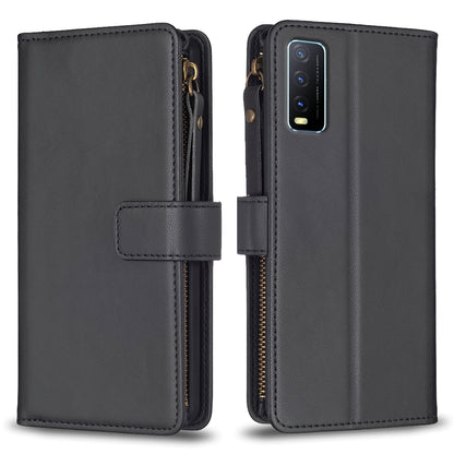 vivo Y20 Leather Flip Phone Case with 9 Card Slots, Zipper Wallet & Detachable Wristlet Strap