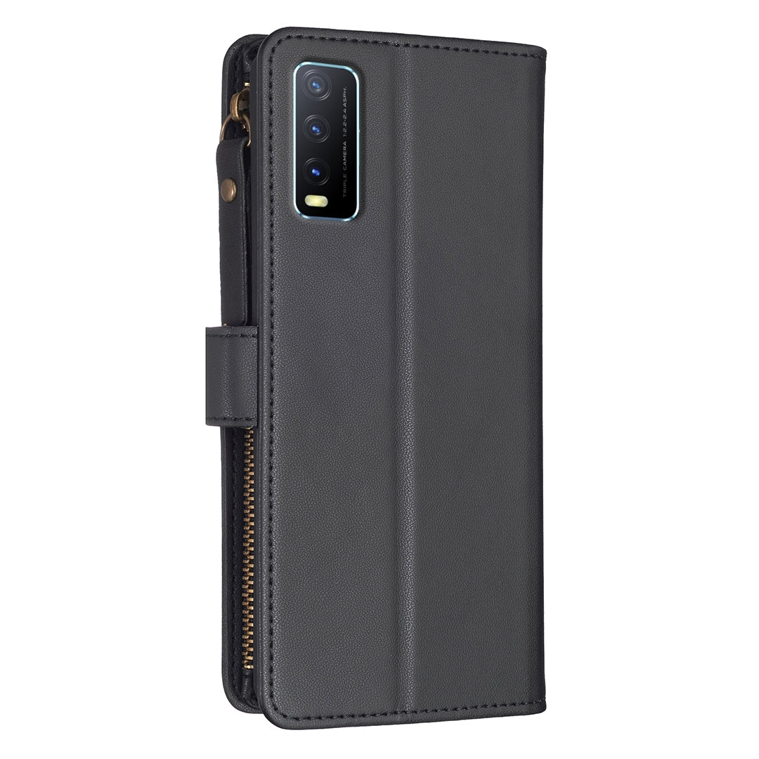 vivo Y20 Leather Flip Phone Case with 9 Card Slots, Zipper Wallet & Detachable Wristlet Strap