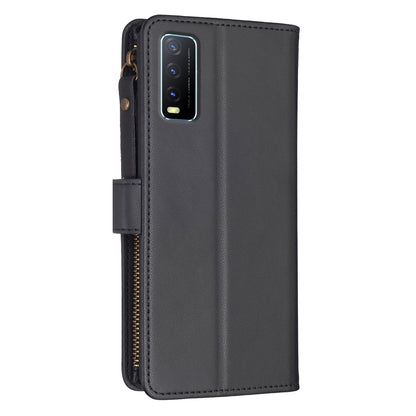vivo Y20 Leather Flip Phone Case with 9 Card Slots, Zipper Wallet & Detachable Wristlet Strap
