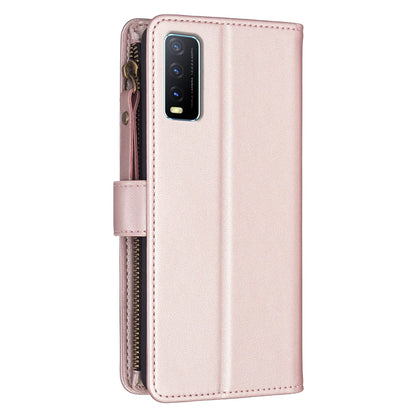 vivo Y20 Leather Flip Phone Case with 9 Card Slots, Zipper Wallet & Detachable Wristlet Strap