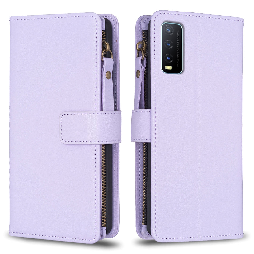 vivo Y20 Leather Flip Phone Case with 9 Card Slots, Zipper Wallet & Detachable Wristlet Strap