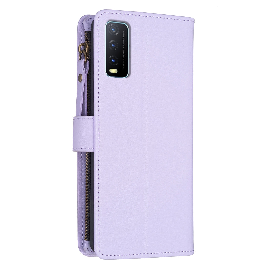 vivo Y20 Leather Flip Phone Case with 9 Card Slots, Zipper Wallet & Detachable Wristlet Strap