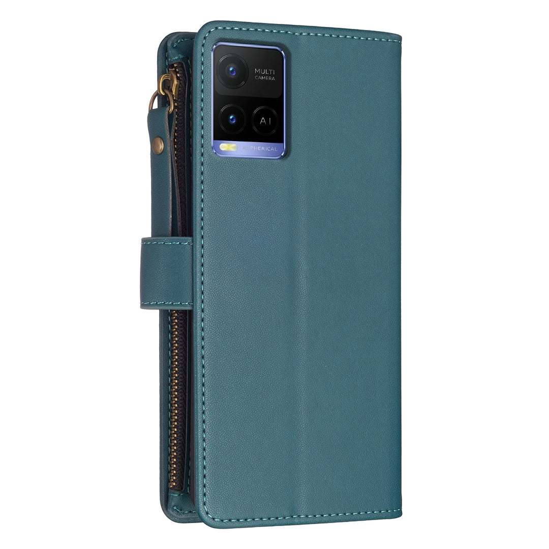 vivo Y21 Leather Flip Phone Case with 9 Card Slots, Zipper Wallet & Detachable Wristlet Strap
