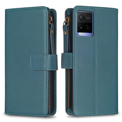 vivo Y33s Leather Flip Phone Case with 9 Card Slots, Zipper Wallet & Detachable Wristlet Strap