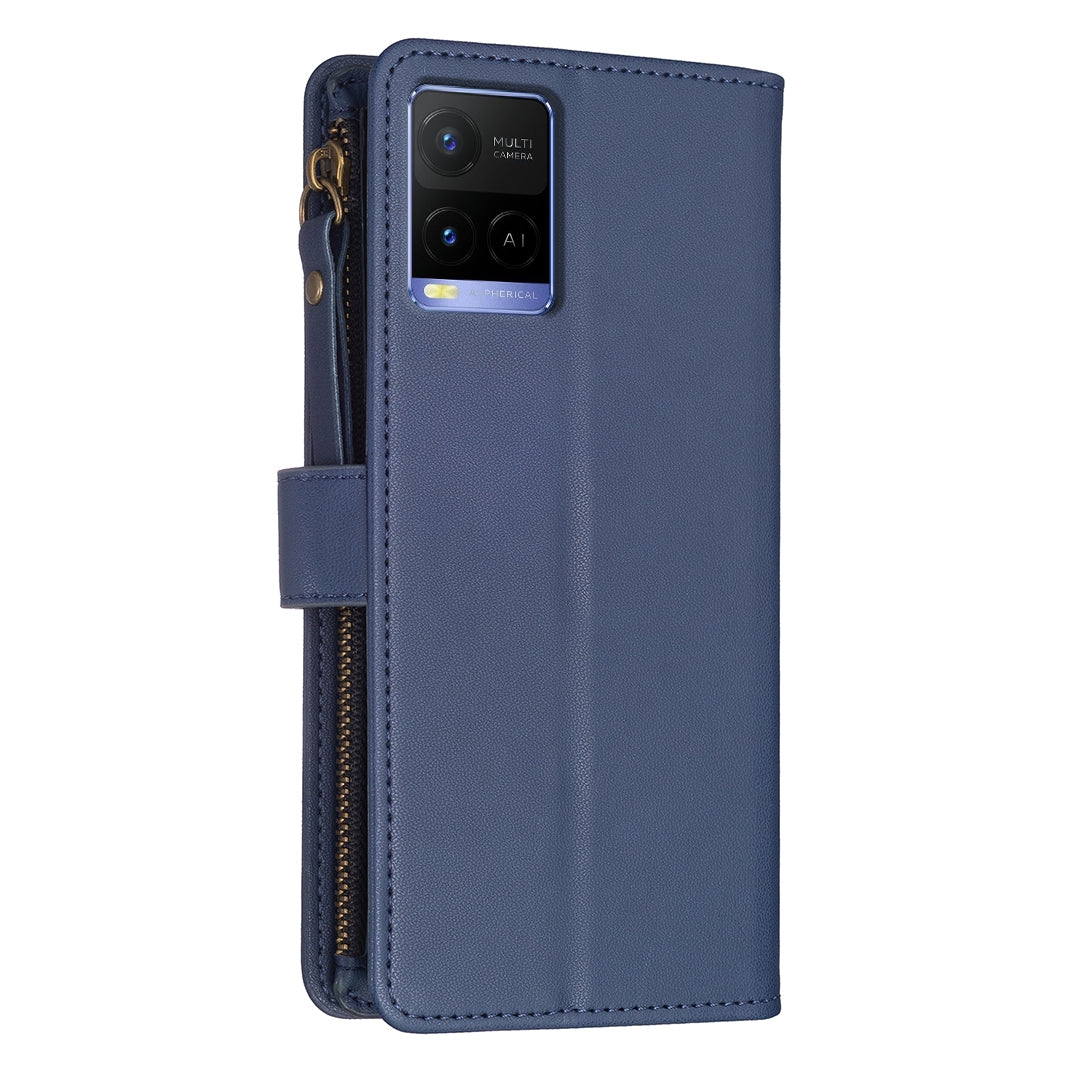 vivo Y21s Leather Flip Phone Case with 9 Card Slots, Zipper Wallet & Detachable Wristlet Strap