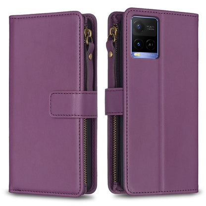 vivo Y21 Leather Flip Phone Case with 9 Card Slots, Zipper Wallet & Detachable Wristlet Strap