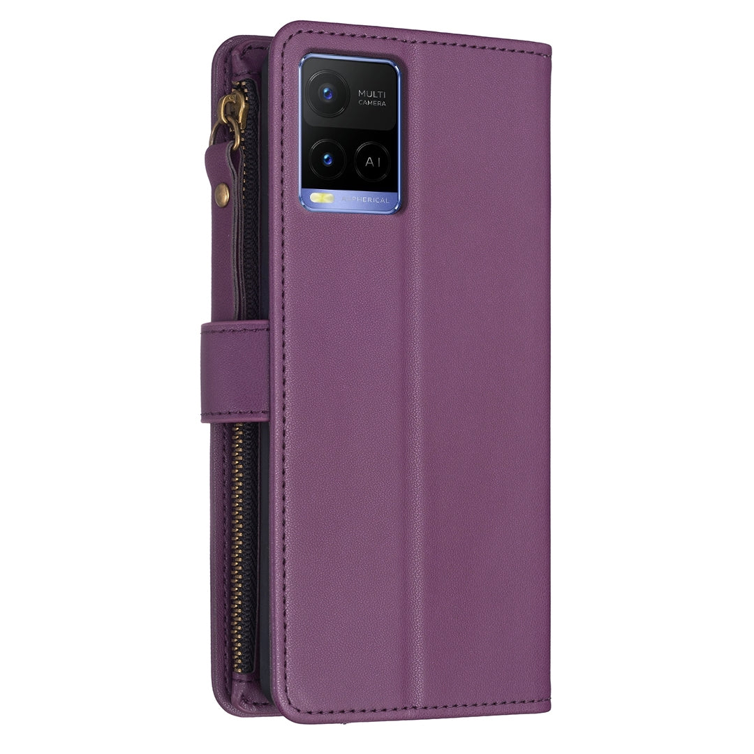 vivo Y33s Leather Flip Phone Case with 9 Card Slots, Zipper Wallet & Detachable Wristlet Strap