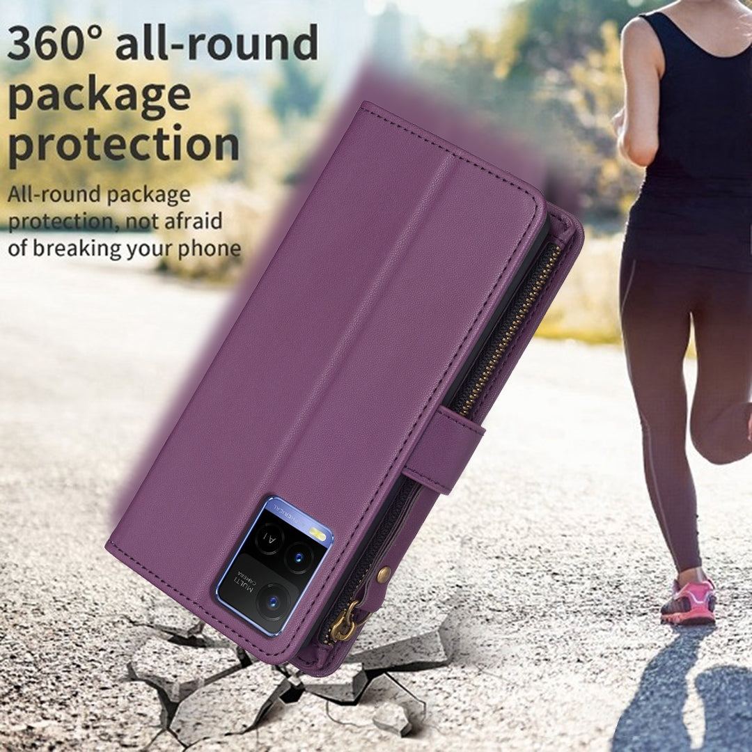 vivo Y21s Leather Flip Phone Case with 9 Card Slots, Zipper Wallet & Detachable Wristlet Strap
