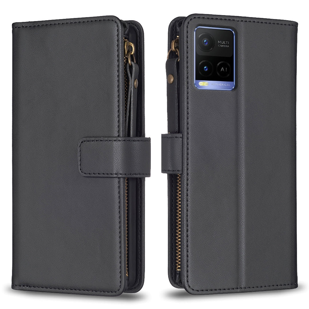 vivo Y21s Leather Flip Phone Case with 9 Card Slots, Zipper Wallet & Detachable Wristlet Strap