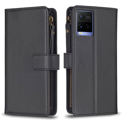 vivo Y21s Leather Flip Phone Case with 9 Card Slots, Zipper Wallet & Detachable Wristlet Strap
