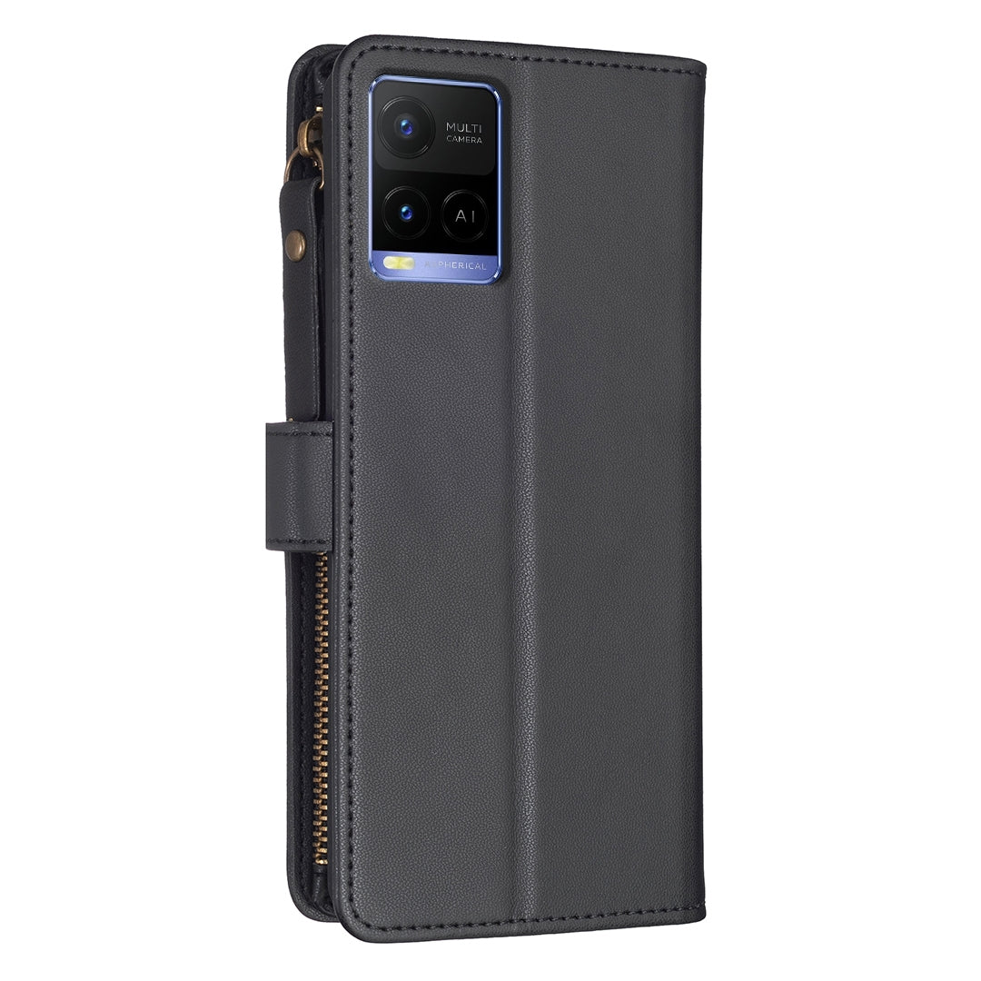 vivo Y33s Leather Flip Phone Case with 9 Card Slots, Zipper Wallet & Detachable Wristlet Strap