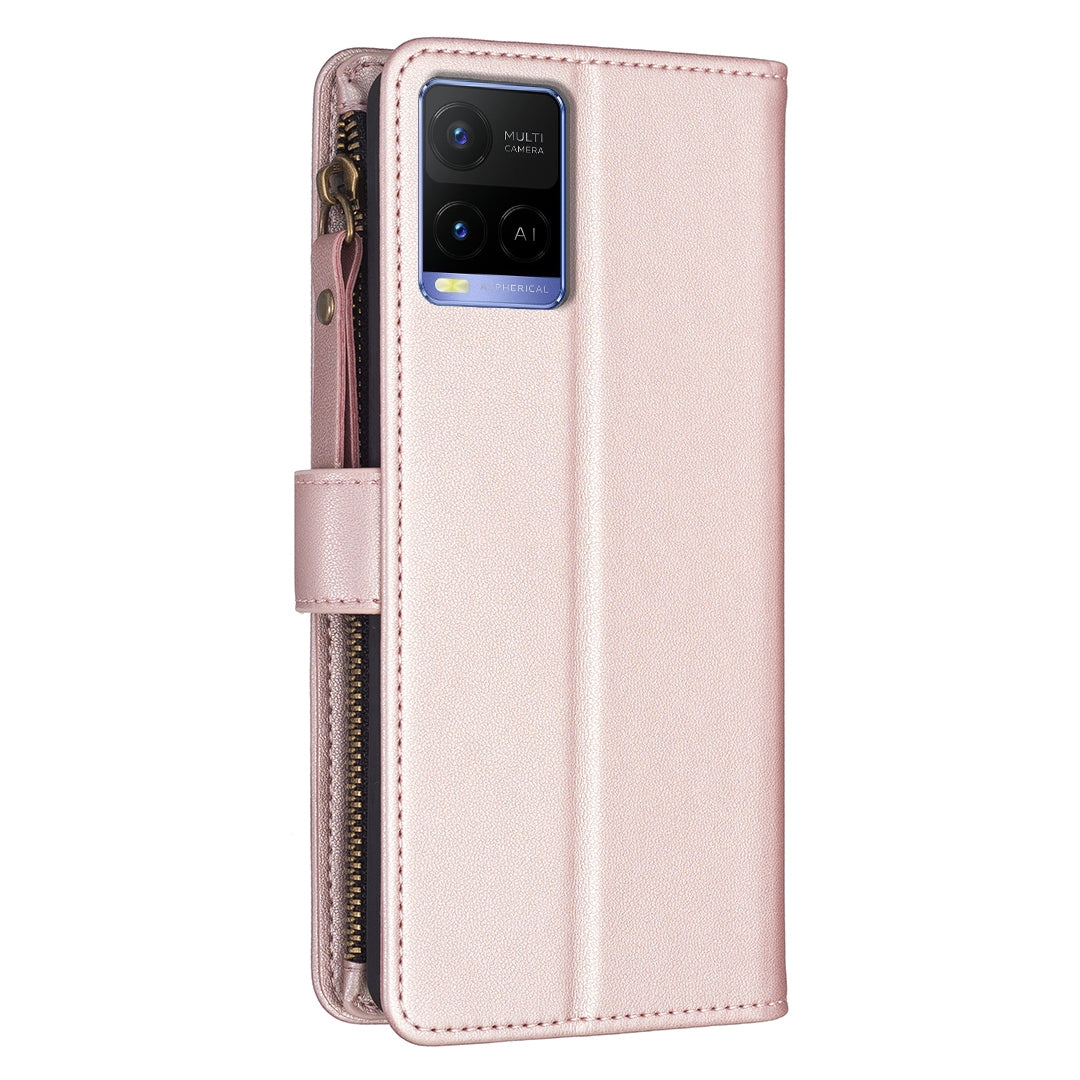 vivo Y33s Leather Flip Phone Case with 9 Card Slots, Zipper Wallet & Detachable Wristlet Strap