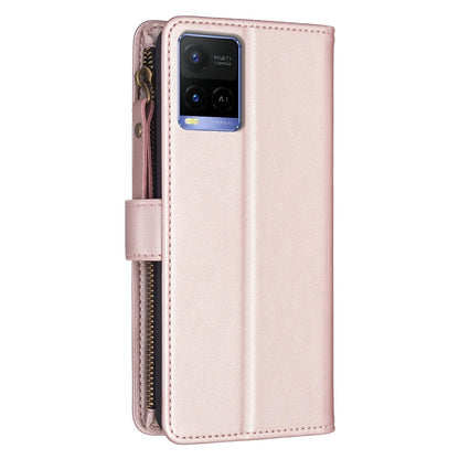 vivo Y33s Leather Flip Phone Case with 9 Card Slots, Zipper Wallet & Detachable Wristlet Strap