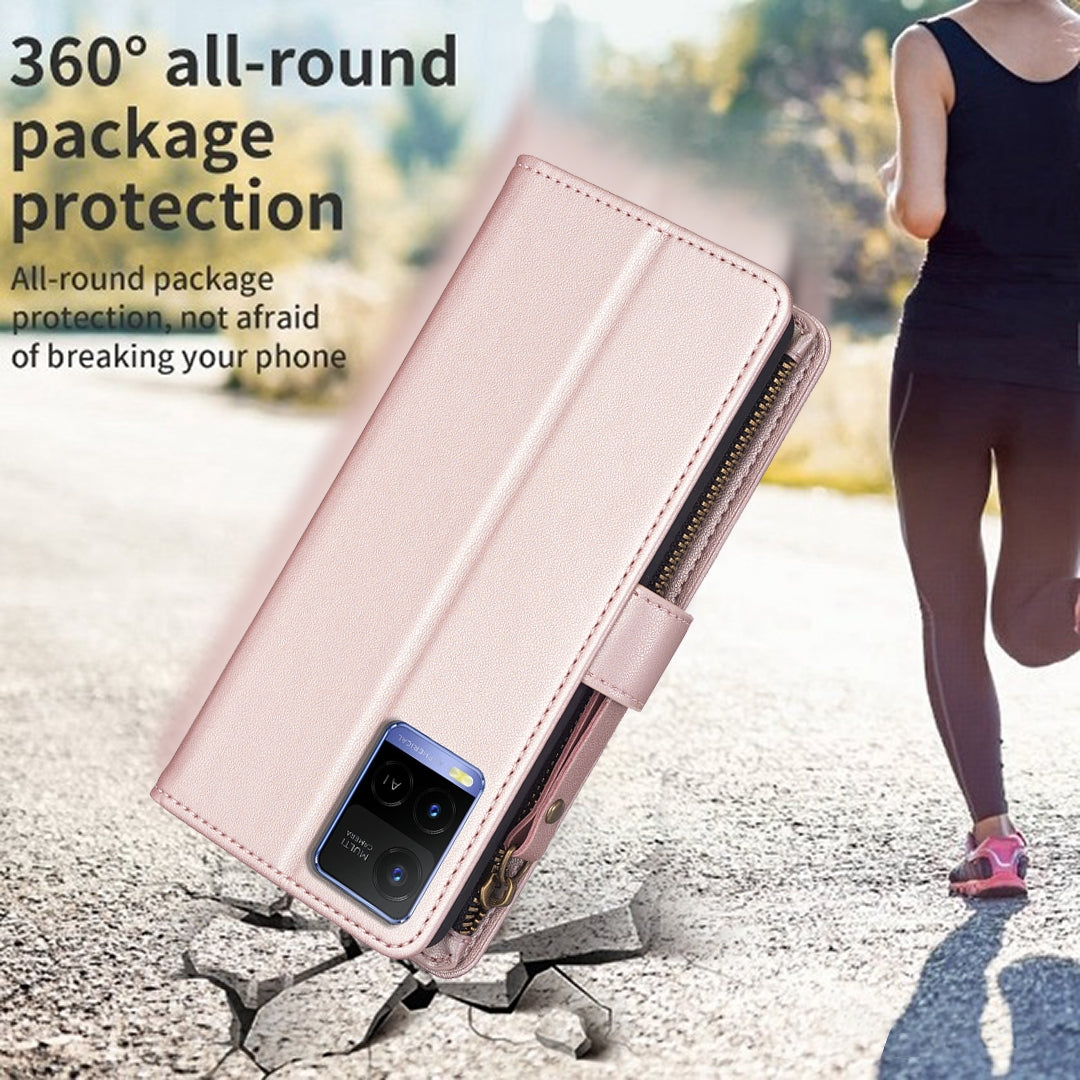vivo Y33s Leather Flip Phone Case with 9 Card Slots, Zipper Wallet & Detachable Wristlet Strap