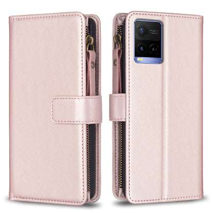 vivo Y21s Leather Flip Phone Case with 9 Card Slots, Zipper Wallet & Detachable Wristlet Strap
