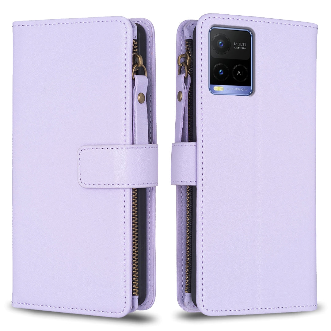 vivo Y33s Leather Flip Phone Case with 9 Card Slots, Zipper Wallet & Detachable Wristlet Strap