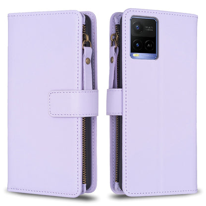 vivo Y33s Leather Flip Phone Case with 9 Card Slots, Zipper Wallet & Detachable Wristlet Strap
