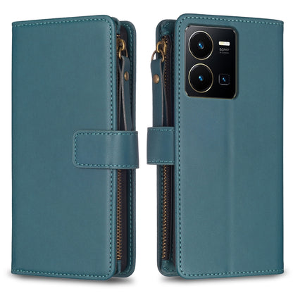 vivo Y35 4G Leather Flip Phone Case with 9 Card Slots, Zipper Wallet & Detachable Wristlet Strap