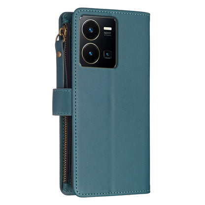 vivo Y35 4G Leather Flip Phone Case with 9 Card Slots, Zipper Wallet & Detachable Wristlet Strap