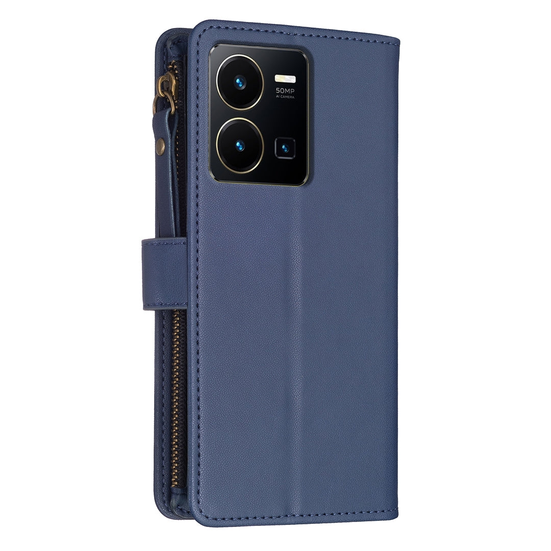 vivo Y22s Leather Flip Phone Case with 9 Card Slots, Zipper Wallet & Detachable Wristlet Strap