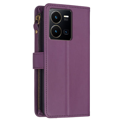 vivo Y35 4G Leather Flip Phone Case with 9 Card Slots, Zipper Wallet & Detachable Wristlet Strap