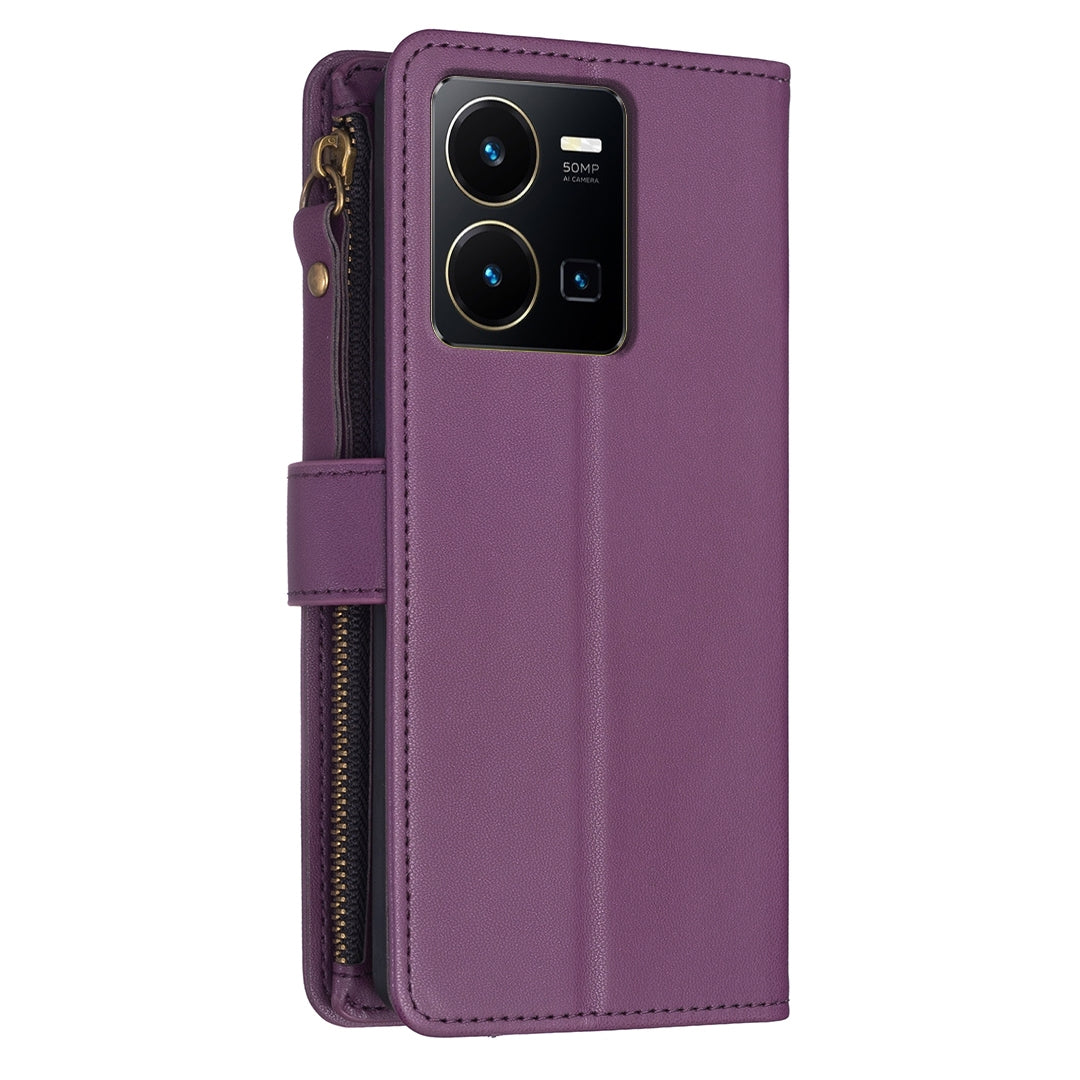 vivo Y22s Leather Flip Phone Case with 9 Card Slots, Zipper Wallet & Detachable Wristlet Strap