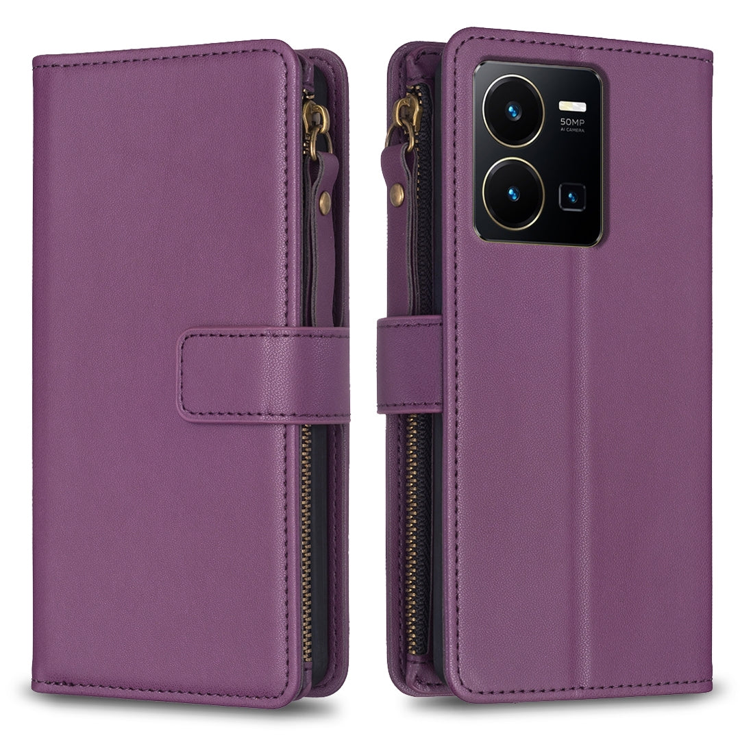 vivo Y22s Leather Flip Phone Case with 9 Card Slots, Zipper Wallet & Detachable Wristlet Strap