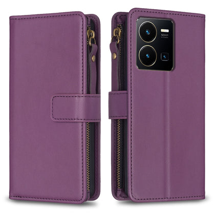 vivo Y22s Leather Flip Phone Case with 9 Card Slots, Zipper Wallet & Detachable Wristlet Strap