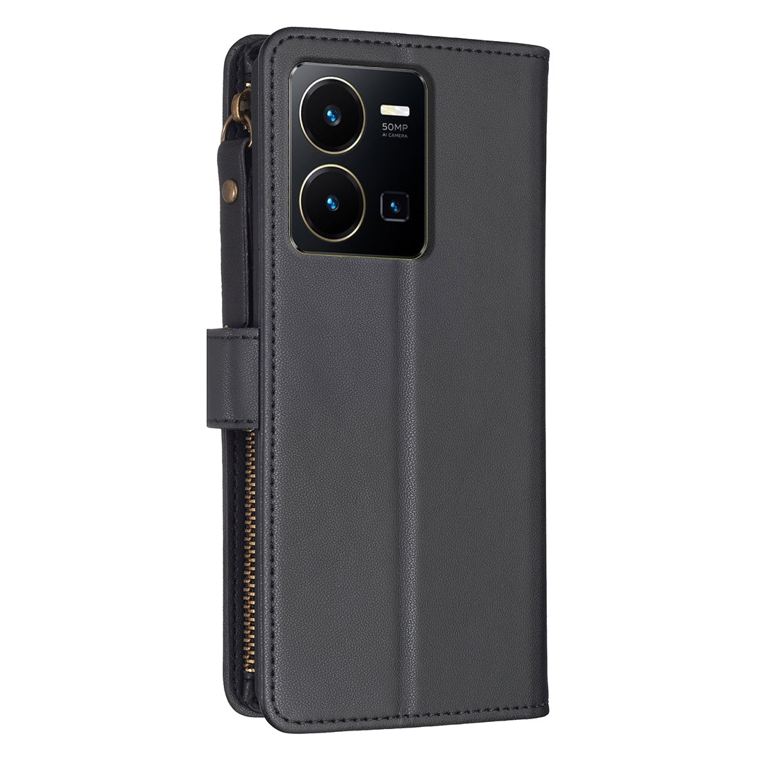 vivo Y22s Leather Flip Phone Case with 9 Card Slots, Zipper Wallet & Detachable Wristlet Strap