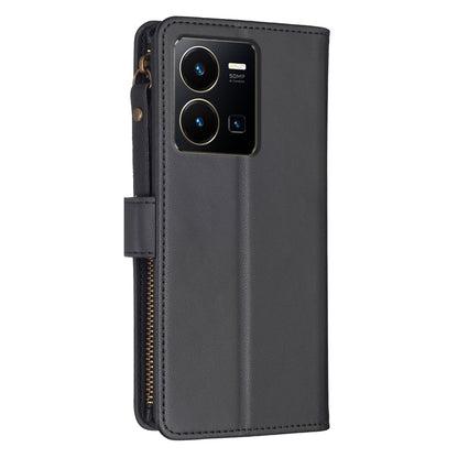 vivo Y22s Leather Flip Phone Case with 9 Card Slots, Zipper Wallet & Detachable Wristlet Strap