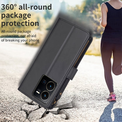 vivo Y22s Leather Flip Phone Case with 9 Card Slots, Zipper Wallet & Detachable Wristlet Strap