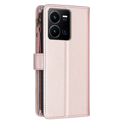 vivo Y35 4G Leather Flip Phone Case with 9 Card Slots, Zipper Wallet & Detachable Wristlet Strap