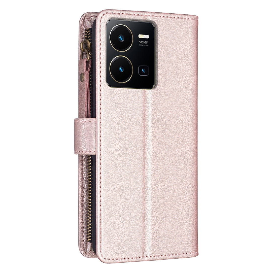 vivo Y22s Leather Flip Phone Case with 9 Card Slots, Zipper Wallet & Detachable Wristlet Strap